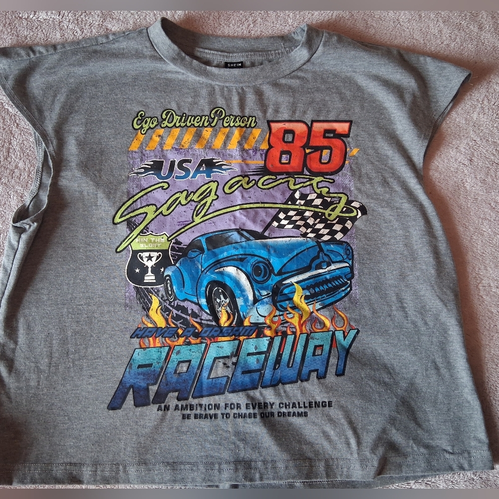 Shein Cutoff Muscle Shirt Petite Small Racecar Graphic